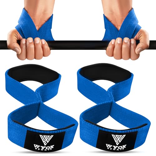 WYOX Figure 8 Lifting Wrist Straps for Weightlifting – Heavy Duty Padded Neoprene Wrist Support, Powerlifting & Strength Training Lift Straps for Deadlifts, Pull Ups, Rows, Shrugs, Gym Training Hand Grip Support for Bodybuilding - color: Blue, size: Stand