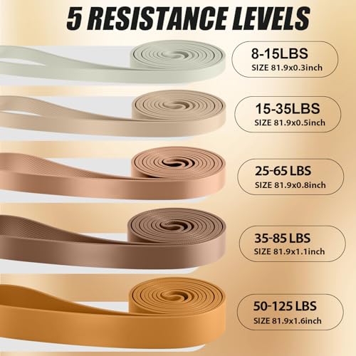 WHATAFIT Resistance Bands, Pull Up Assist Bands with Handles, Door Anchor | Natural Latex Rubber, Progressive Tension, Exercise Loop for Full-Body Fitness, Portable Gym Bag, Warm-Up & Stretch - color: 5-125LBS COFFEE+GRIP