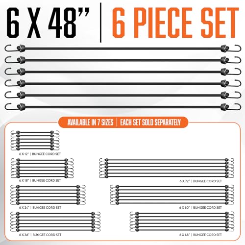 Bungee Cords with Hooks 48 Inch - 6 Piece Heavy Duty Black Bungie Cords for Outdoor Use, UV & Weather Resistant - size: 6x48" - 6 Piece 4 ft