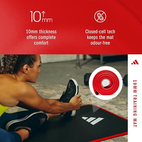 adidas 10mm Extra Thick Training Mat with Carrying Strap and Non-Slip Textured Base - Cushioned Workout Mat for Home Gym, Floor Workouts, and Intense Exercises - Portable and Durable - color: Red