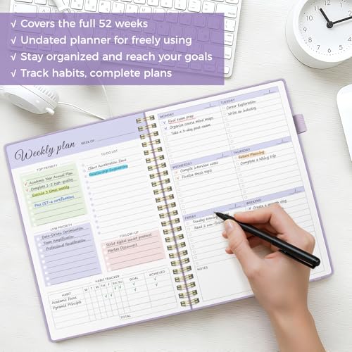 Oucaru Undated Weekly Planner, A5 To Do List Notebook with Goal & Habit Tracker Organizer, 52 Weekly Planner Notebook with Spiral Binding for Office Home School Supplies - size: A5-Purple, style: Weekly Planner
