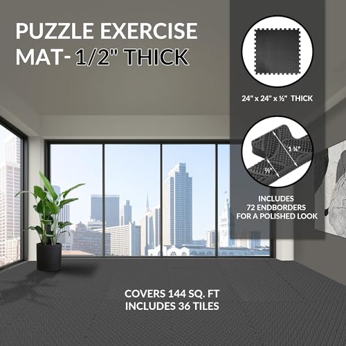 Fitvids Puzzle Exercise Gym Flooring Mat, 1/2" Thick High-Density EVA Interlocking Tiles Workout Mat for Home Gym, Fitness Equipment, MMA, Gymnastics, 36-Piece Shock-Absorbing Exercise Mat (144 Sq Ft) - color: Midnight, style: 1/2" Thick, 36 Tiles (144 Sq
