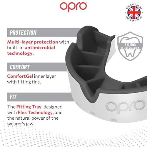 OPRO Silver Level Adult and Kids Sports Mouthguard with Case, Gum Shield Featuring Revolutionary Fitting Technology for Hockey, Lacrosse, Rugby, MMA, Boxing and Combat Sports (White/Black, Youth) - color: White/Black, size: Youth (Under 10)