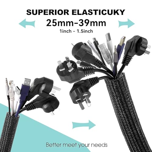 AGPTEK Cable Sleeve, 10ft - 1.5 inch Cable Management Desk Cord Cover Organizer Wire Hider for Home Office Computer TV Wire Loom Tubing Pet Proof Cord Protector from Cat Dog Chewing, Black - color: Black, size: 1.5"-10ft