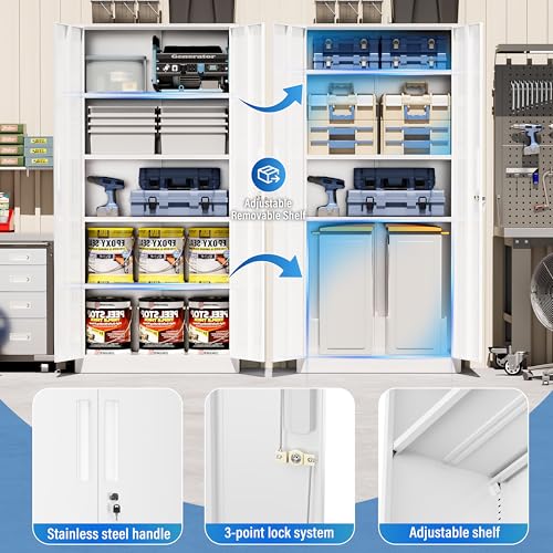 Greenvelly White Metal Storage Cabinet, 72" Locking Storage Cabinets with Doors and 4 Shelves, Tall Tool Storage Cabinet for Garage, Steel Lockable File Cabinet Metal Locker for Home Office, Classroom - color: White, size: 71 Inch