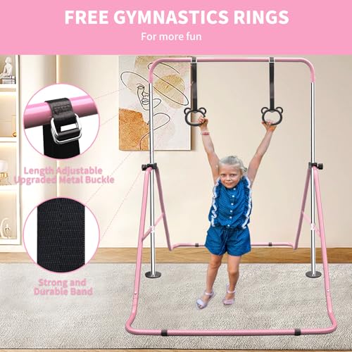 Gymnastics Bars for Kids with Rings, Junior Kip Training Bars Equipment for Home, Folding Height Adjustable Horizontal Bars - color: Pink