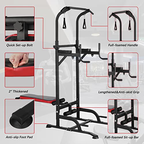 TLSUNNY Power Tower with Bench, Pull Up Bar Dip Station, Power Tower Dip Station, Training Workout Equipment, Height Adjustable Pull Up Tower w/Folding Bench 4 Ropes, Strength Training, Home Gym