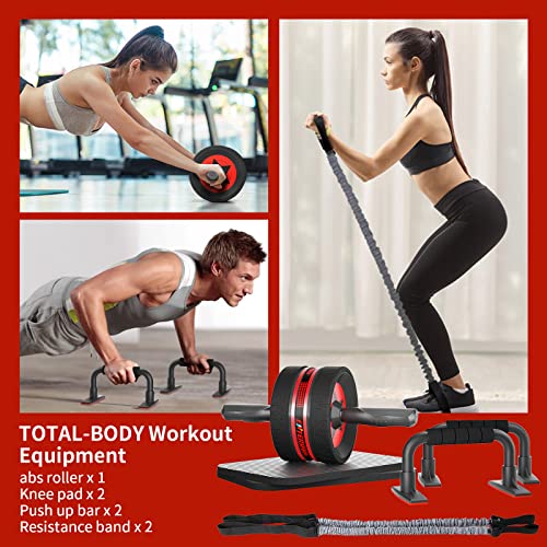 EnterSports AB Wheel Roller, 6-in-1 Exercise Roller Wheel Kit with Knee Pad, Resistance Bands, Pad Push Up Bars Handles Grips, Perfect Home Gym Equipment for Men Women Abdominal Roller (Red)
