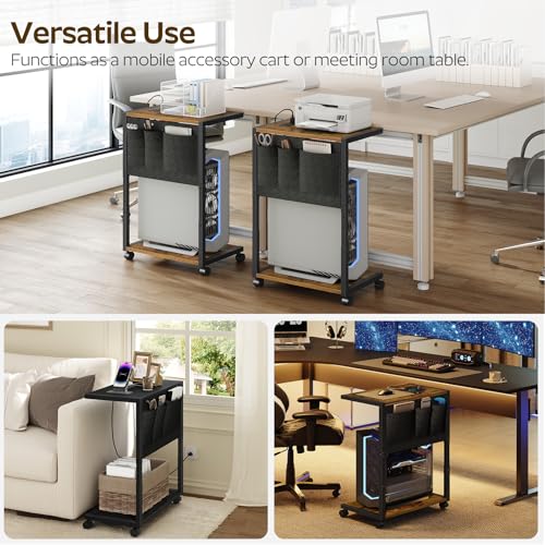 YATINEY PC Stand, Computer Tower Stand with Charging Station, Height Adjustable PC Tower Stand for Floor, 2 Tier Computer Cart On Wheels, 23.1"-29"H,19.7"L x 11"W, for Home Office, Rustic Brown CJ60BR - color: Rustic Brown + Black