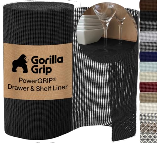 GORILLA GRIP powerGRIP Drawer Shelf and Cabinet Liner, Thick Strong Hold, Non-Adhesive Liners Protect Kitchen Cabinets and Cupboard, Bathroom Drawers, Easy Install, Breathable Mat, 12" x10', Black - color: Black, size: 12" X 10', style: 12" x 10'