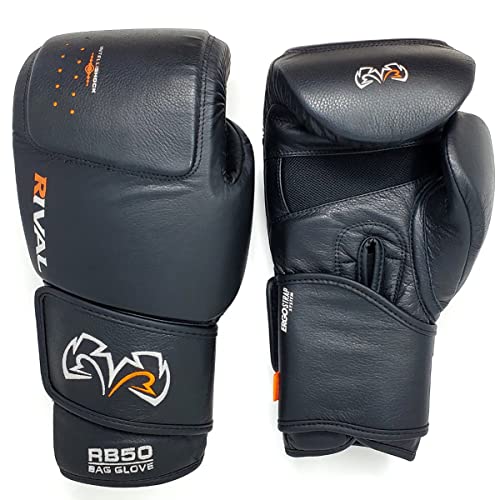 RIVAL Boxing RB50 Intelli-Shock Compact Bag Gloves, Hook and Loop Closure - Soft Inner Lining, Multi-Layered Foam Padding - color: Black, size: Medium