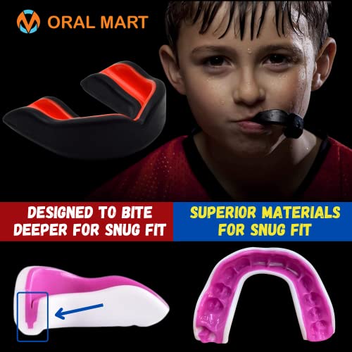 Oral Mart Youth Sports Mouth Guard for Kids (USA Flag, Fangs, 20+ Colors to Choose from) Mouthguard for Football, MMA, Karate, Boxing, Rugby, BJJ, Flag Football – /w Case (Youth, Strapless) - color: Cherry Red