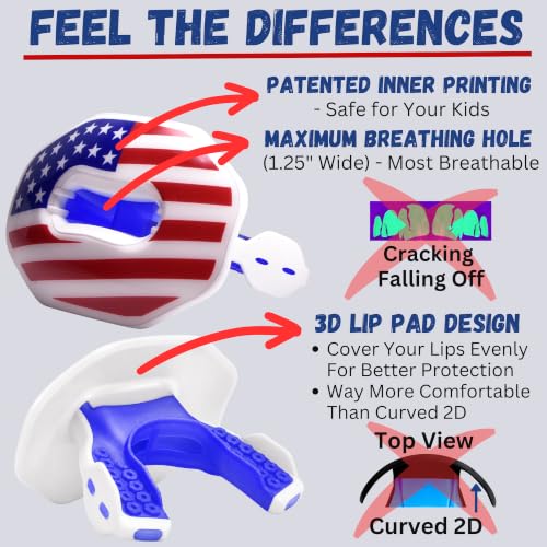 Oral Mart Flag Football Mouth Guard with 3D LipFit Design for Kids - Youth Football Mouthguard (No Boil) Cool Instant Fit Lip Guard Mouthpiece for Braces (Detachable Helmet Strap Included) - color: American Flag