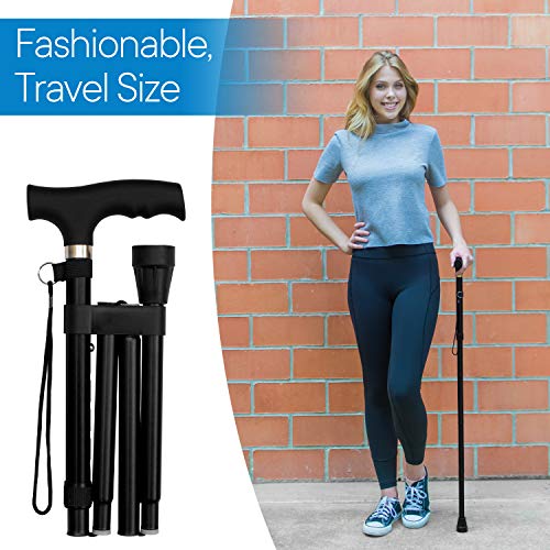RMS Folding Cane - Foldable Walking Cane with Adjustable Height - Collapsible and Lightweight - Soft Ergonomic Handle for Comfortable Grip - Portable Walking Stick for Mobility Aid - color: Black