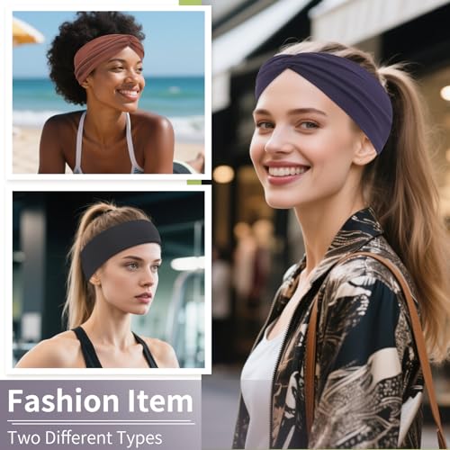 12 Pcs Stretchy Headbands for Women, Absorbed Sport Headband Soft Twist Knotted Hairbands for Daily Life Yoga Workout(Black/Dark blue/Brown/Grey) - color: Black/Dark blue/Brown/Grey
