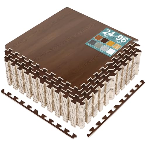 Sorbus 96 Sq. Ft. Wood Grain Floor Tiles Foam Mat EVA Interlocking Mats Tile 3/8-Inch Thick Flooring Wood Puzzle Exercise Mats w/Borders - Home Playroom Basement, Apartment, Trade Show, Baby, Dance - color: Mahogany, size: 24 Pack