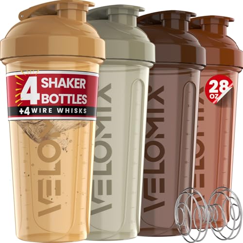 VELOMIX 4 Pack 28oz Shaker Cups for Protein Shakes, Urban Tone | 4x Wire Whisk, Leak Proof Protein Shaker Bottle for Protein Mixes, Stackable, Dishwasher Safe, Gym Ready, Measurement Marks - color: A3) Urban Tone
