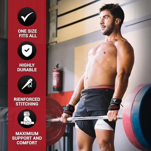 Weight Lifting Straps Figure 8, Anti Slip Strap with cuffs wrist Support for Gym Workout Deadlift Powerlifting Bodybuilding Weightlifting, Fitness Strength Training, Hand Bar Grip for Men - color: Red & Black