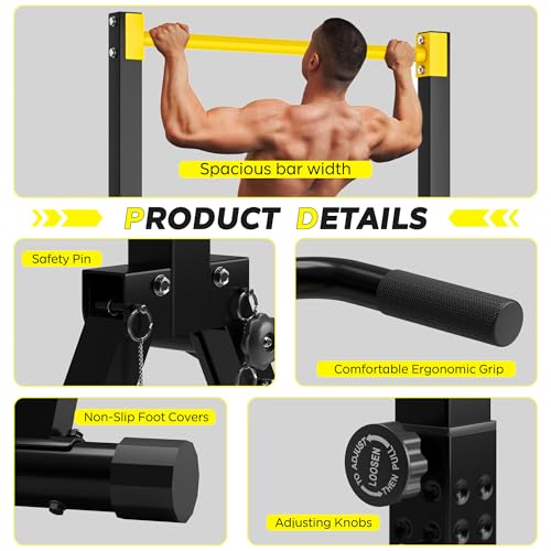 SogesHome Foldable Power Tower Dip Stand Pull Up Bar for Home Gym Exercise | Height Adjustable Multifunction Fitness Workout Station with Triangular Stability Design for Strength Training, Space Saving - color: Black Yellow