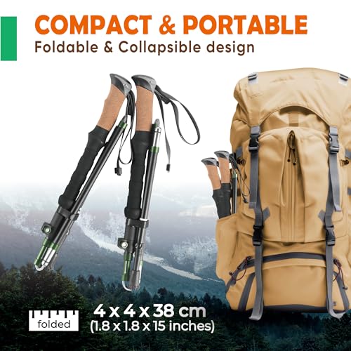 TREKOLOGY Trek-Z Cork Grip Trekking Poles – Lightweight Folding Hiking Poles, Adjustable Height, Compact Travel Design, Aircraft-Grade Aluminum Walking Sticks for Men & Women - color: Black with Green