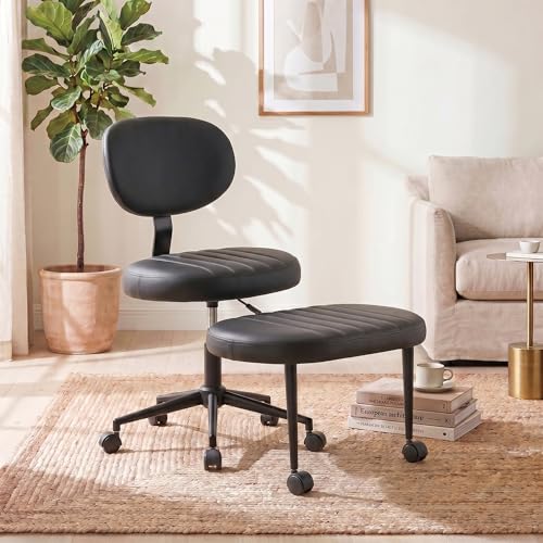 Cross Legged Office Chair with Wheels, 360 Swivel Height-Adjustable Meditation Chair with Lumbar Support, PU Leather, Black - color: Black, size: Oval Back
