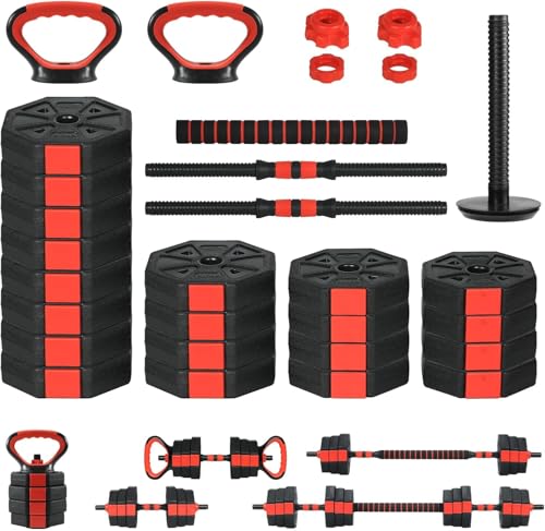 Adjustable Dumbbell Set, 44/66/88Lbs 4-in-1 Free Weights for Home Gym, Converts to Kettlebell & Barbell with Connector, Non-Slip Grip, Ideal for Men & Women Strength Training - color: Black and Red