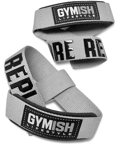 Gymish Lifestyle One More Rep Lifting Straps 24 Inch Non-Slip Soft Pad Wrist Strap for Weightlifting, Deadlifts & Powerlifting, Bodybuilding, Heavy Duty Gym Grips for Strength Training & Crossfit - color: Grey