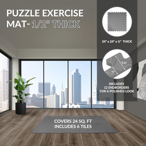 Fitvids Puzzle Exercise Gym Flooring Mat, 1/2" Thick High-Density EVA Interlocking Tiles Workout Mat for Home Gym, Fitness Equipment, MMA, Gymnastics, 6-Piece Shock-Absorbing Exercise Mat (24 Sq Ft) - color: Graphite, style: 1/2" Thick, 6 Tiles (24 Sq Ft)