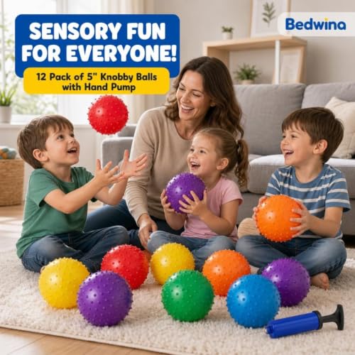 Bedwina Mini Knobby Balls - Bulk 5 Inch Sensory Balls and Spiky Massage Stress Balls with Pump, Fun Bouncy Ball Party Favors - style: 12-Pcs