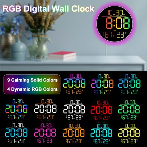 QINFIEY 10 Inch LED Wall Clock with RGB Ambient Light, Auto-Dimming, RGB Color/Time/Date/Temp/Humidity Display, Dual Alarms & Timer, Adjustment Brightness,Digital Round Clock for Bedroom Classroom - color: Rgb, size: 10 inch