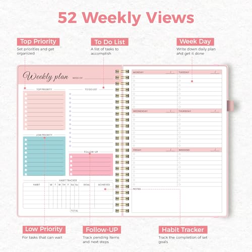 Oucaru Undated Weekly Planner, A5 To Do List Notebook with Goal & Habit Tracker Organizer, 52 Weekly Planner Notebook with Spiral Binding for Office Home School Supplies - size: A5-Pink, style: Weekly Planner