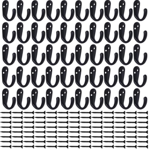 IBosins 50PCS Coat Hooks Wall Mounted Single Prong Robe Hook for Hanging Towel Hooks with 100 Screws for Cup, Mug, Bags, Hat, Cap, Scarf, Pet leashes - color: 50 Pcs Black