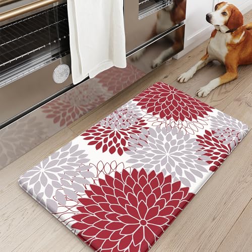 KIMODE Anti Fatigue Kitchen Mat 17.3"x29", Farmhouse Dahlia Padded Kitchen Floor Mats Non Slip, Waterproof Kitchen Mat for Floor, Comfort Standing for Laundry, Office, Sink, Desk Red and Grey - color: Red, size: 29"L x 17.3"W x 0.5"Th
