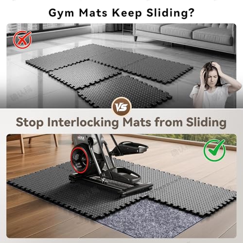 Non Slip Underlay for Interlocking Gym Mats, Prevents Foam Floor Mats from Sliding, Floor Grip Pad for Exercise Equipment Mats, Felt Anti Slip Mat with TPR Rubber Backing – 71"×94" (Fits 12 Tile) - size: 71"×94"