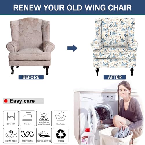 NILUOH Wingback Chair Slipcover 2 Pieces, Stretch Spandex Wingback Chair Covers Washable Slipcover for Wingback Armchairs Non-Slip Furniture Protector with Elastic Bottom for Living Room - color: Butterfly