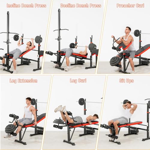 Foldable 1500LBS 8 IN 1 Olympic Weight Bench Set with Squat Rack, Leg Extension/Curl & Preacher Curl, Adjustable Bench Press Set with Safety Bar Catches for Home Gym Full Body Workout - color: ruby red