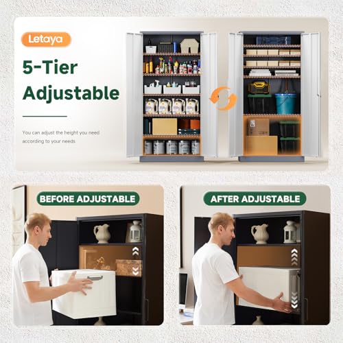 Letaya Metal Storage Cabinet with Lock Door and 5 Shelves,6 Tier Steel Garage Tool Cabinet for Home Office Utility Room 72" H X 36" W X18 D (White Gray) - color: Grey White, size: 72 X 36 X 18 In(H X W X D)