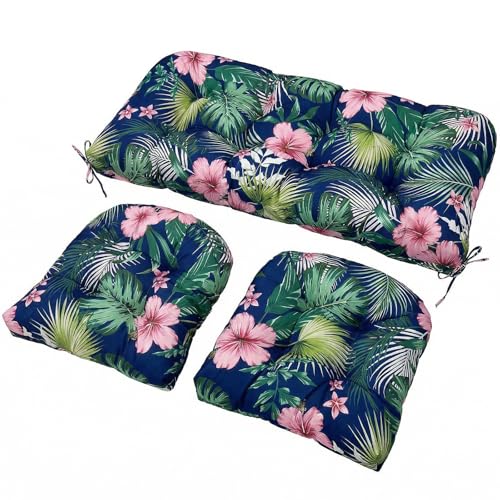 Wicker Chair Cushions Set, 2 U-Shaped Cushions & 1 Loveseat, Waterproof Outdoor Loveseat Cushion for Patio Furniture, Settee Bench Pad All Weather,FlowerLeaf - color: Flowerleaf