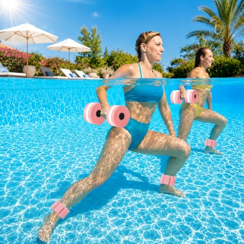 Pool Exercise Equipment, 2 Pool Dumbbells and 2 Wrist Weights | eva foam dumbbells, adjustable straps, low impact pool workout, for aquatic fitness swimming training