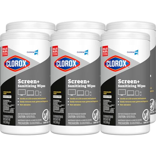 CloroxPro Clorox Screen+ Sanitizing Wipes, Disinfecting Wipes for Electronics, Gentle on Phones, Tablets, LCD Screens, Laptops and Sensitive Surfaces, Citrus Blend Scent, 1 Canister, 75 Wipes, 6 Pack - size: 75 Count (Pack of 6)