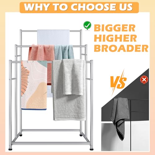 47.6 Inch Tall Free Standing Towel Racks 3 Tier Pool Towel Rack Outdoor Oversized Floor Bath Towel Drying Valet Holder Blanket Quilt Rack Stand for Bathroom Bedroom Beach Hot Tub Gym Pool Area Outside - color: Silver