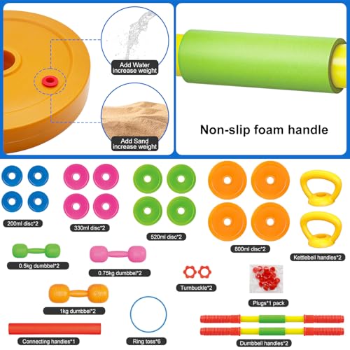 Kids Exercise Weight Set, Barbell and Dumbbell Workout Equipment, Toddler Beginner Gym Toy for Pretend Play Lifting Exercise & Fitness, Adjustable Fill with Sand or Water - size: 5-In-1