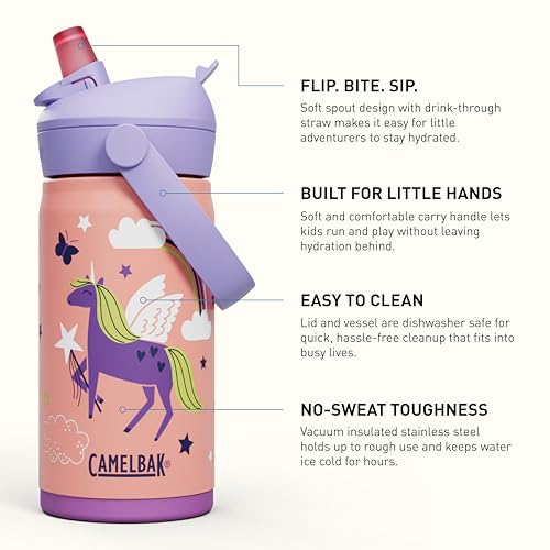 CamelBak Thrive Flip Straw Kids Bite Valve Stainless Steel Water Bottle Magic Unicorns, 12oz - color: Magic Unicorns