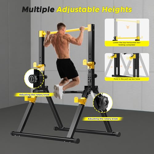 SogesHome Power Tower Dip Station Pull Up Bar for Home Gym, Adjustable & Foldable Multifunction Fitness Workout Station with Triangular Stability Design for Strength Training - color: Black Yellow