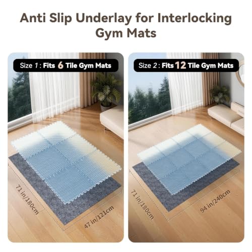 Non Slip Underlay for Interlocking Gym Mats, Prevents Foam Floor Mats from Sliding, Floor Grip Pad for Exercise Equipment Mats, Felt Anti Slip Mat with TPR Rubber Backing – 71"×94" (Fits 12 Tile) - size: 71"×94"