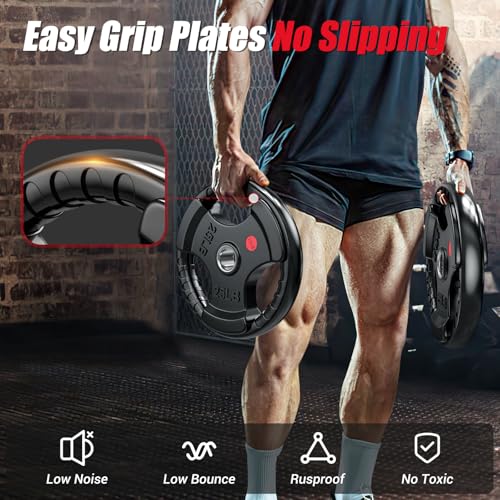 Gikpal Olympic Weight Plates, 2-Inch Three-Grip Rubber Coated Barbell Plates with Steel Hub, Cast Iron Weights for Strength Training & Home Gym, Pair or Sets (2.5–45LB) - style: 250LBS Set (2x10,2x25,4x45lb)