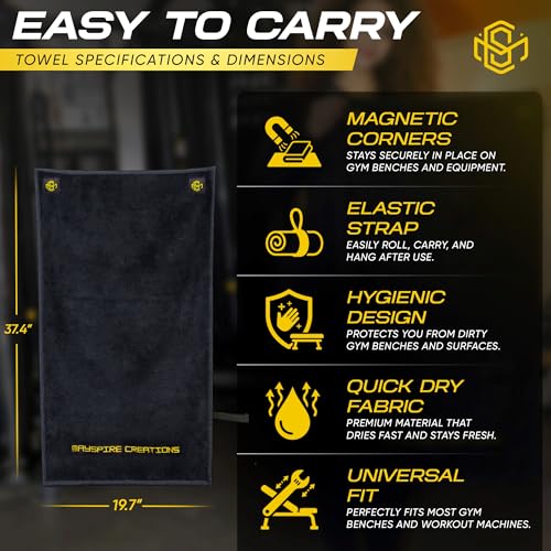 Magnetic Gym Towel – Non-Slip Workout Towel with Integrated N35 Magnets & Elastic Strap – 100% Cotton, Quick-Dry – Fitness Sweat Towel for Gym Equipment, Men & Women (37.4 x 19.7 in, Black)