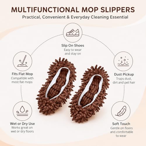 Mop Slippers Floor Cleaning Slippers Reusable Slipper Mop Covers Wearable Floor Cleaner for Household Indoor Use ,Brown - color: Brown