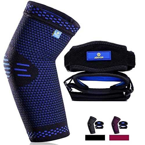 ABYON Compression Elbow Support, 1 Piece Compression Sleeve + 2 Pcs Tennis Elbow Pads for Men Women Pain Relieves Tendonitis, Arthritis, Tennis Elbow, Epicondylitis - color: Blue, size: Large