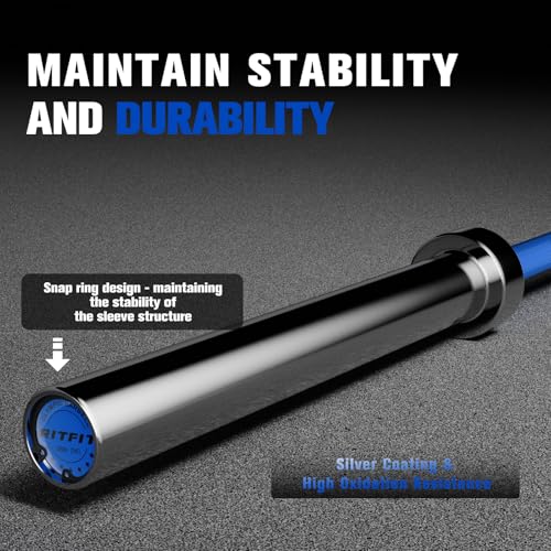 RitFit Elite 7ft Olympic Barbell, Robust 45lb Barbell for Weightlifting and Powerlifting, Superior Olympic Bar with Exceptional 500lbs Load Capacity, Weight Bar for 2” Standard Plates - color: Silver/Blue, size: 7 ft 1200 lb 45 lb without Collar